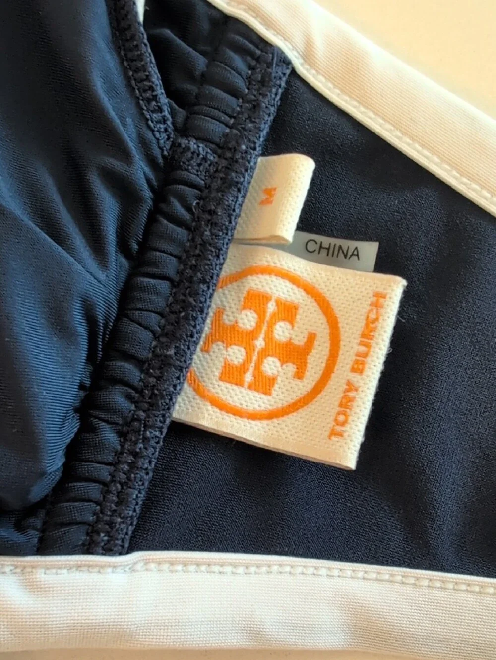 Tory Burch Lipsi Colorblock Navy and White Bandeau Top with Orange Logo Tag